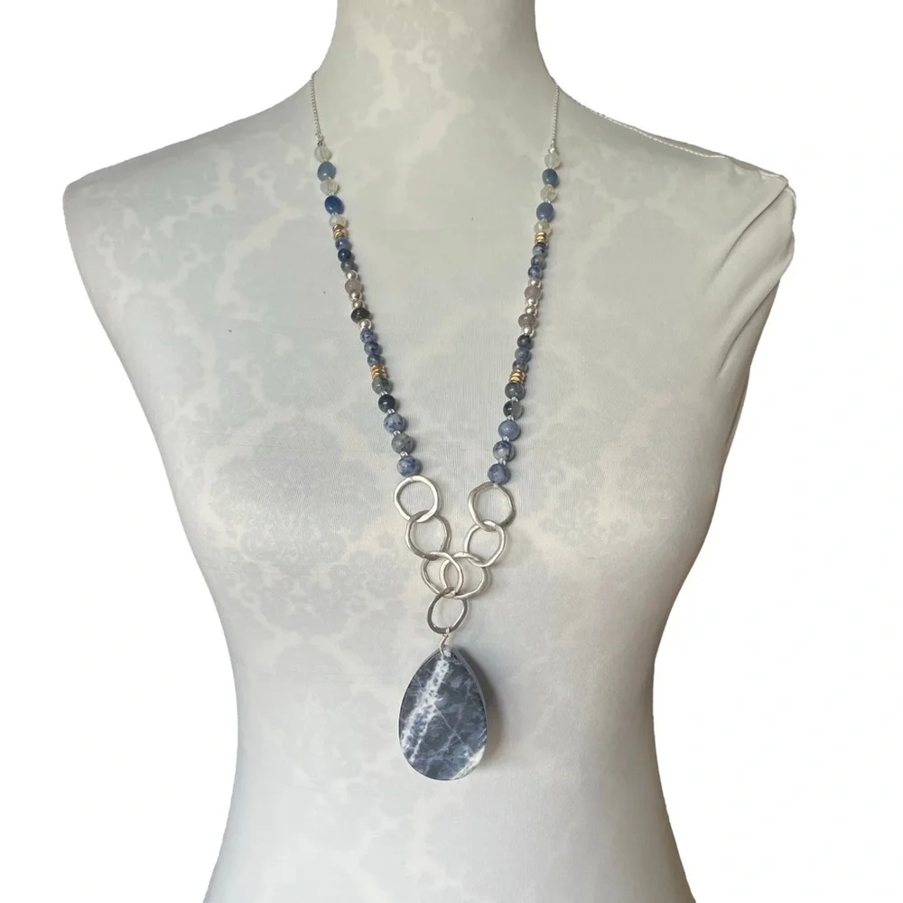 Statement Gemstone Beaded Necklace with Sodalite Pendant, Beads & Silver Rings